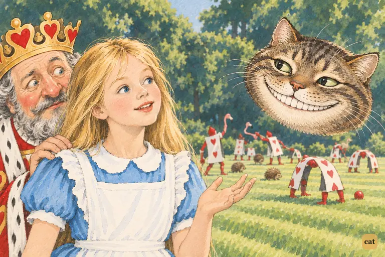 The Cheshire Cat's floating head stares calmly at the King hiding behind Alice
