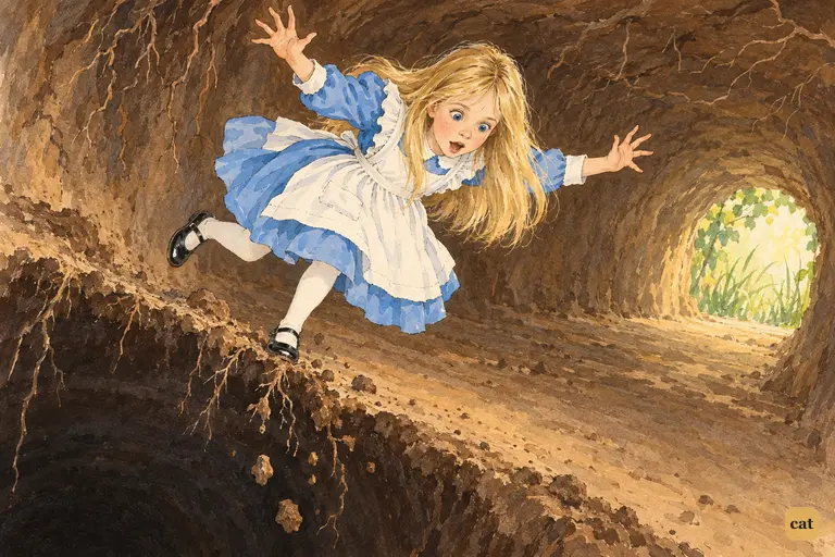 Alice tips headfirst over the edge of the rabbit-hole into a deep, dark well