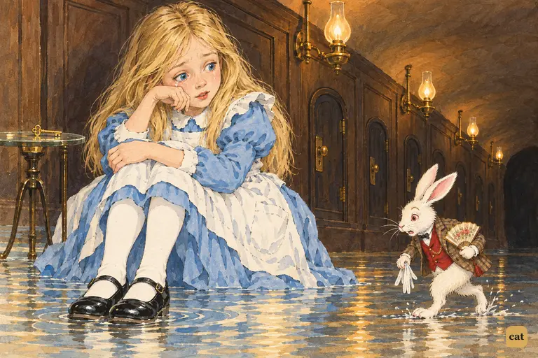 Alice, grown giant and tear-stained, sits in her pool of tears in the long hall.