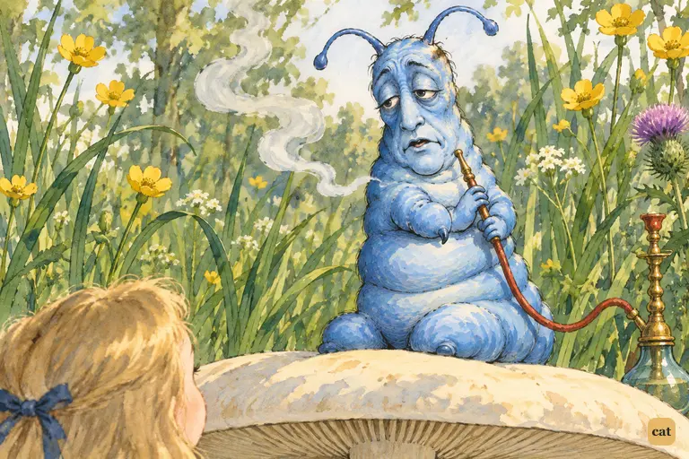 The blue Caterpillar lowers his hookah and breaks the long silence with a lazy question