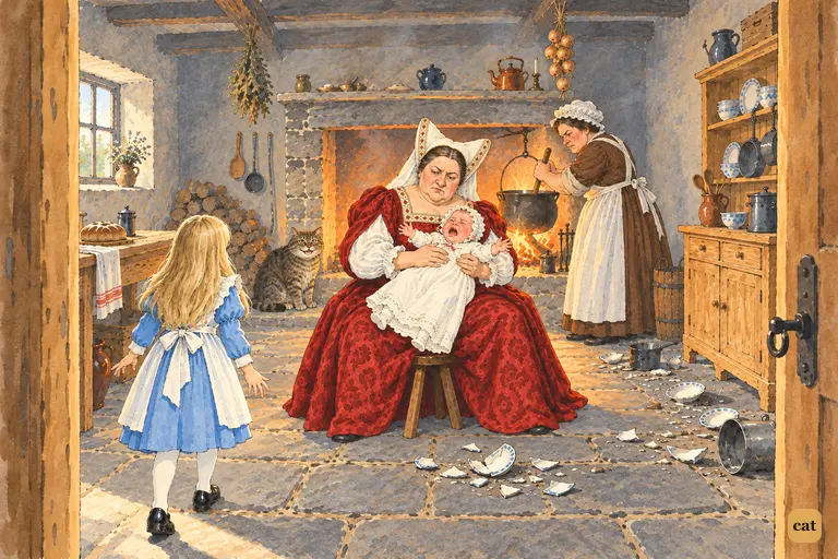 Alice steps over the threshold into the Duchess's kitchen, which is full of pepper smoke.