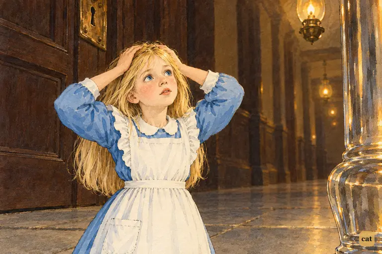 Alice, now ten inches high, stands still by the glass table, hands on her head