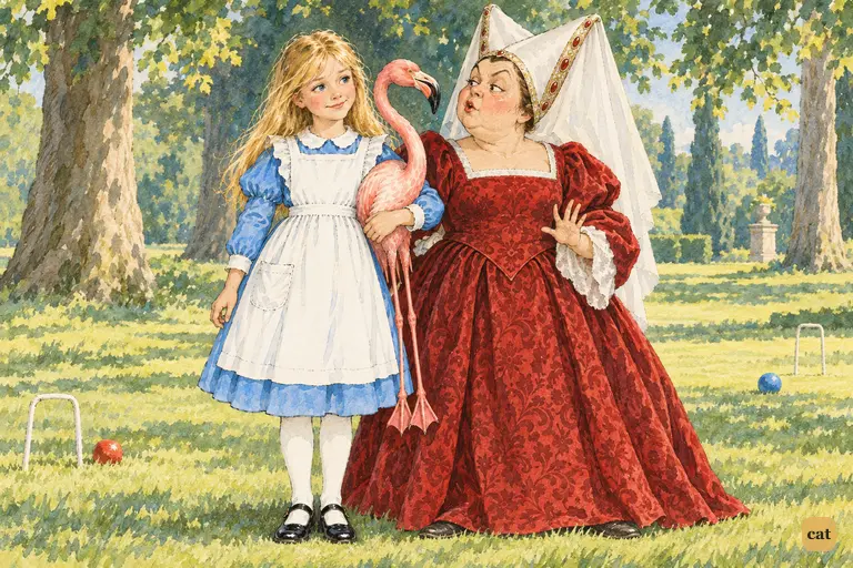 On the sunny croquet lawn, the Duchess clings to Alice's arm and eyes the flamingo warily.