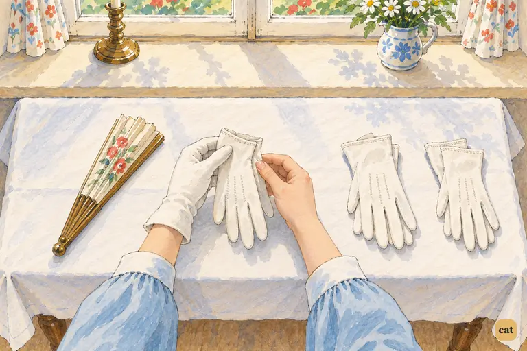In the White Rabbit's room, Alice lifts a pair of tiny white kid gloves from the table