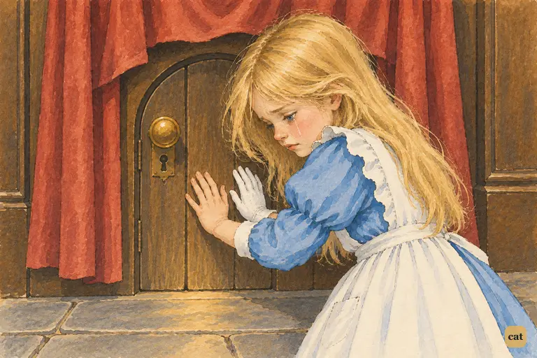 Tiny Alice, a few inches tall, reaches the little door at last and finds it shut again.