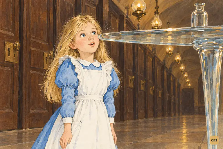 Alice has just drunk from the bottle and feels herself shrinking.