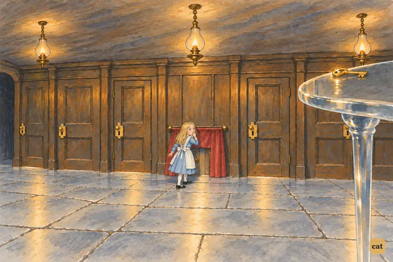 Ten inches tall now, Alice reaches the little door behind the red curtain and finds she has no key.