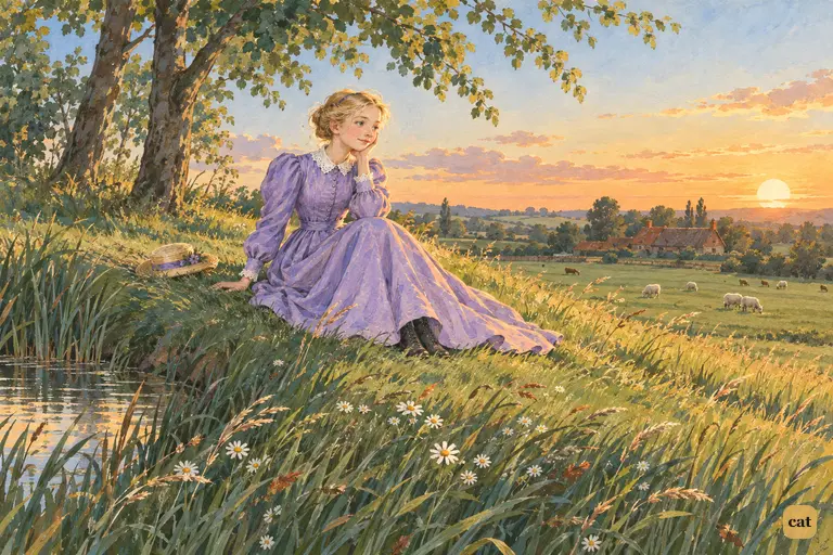 Alice has run in to tea, and her elder sister sits alone on the bank with her head on her hand.