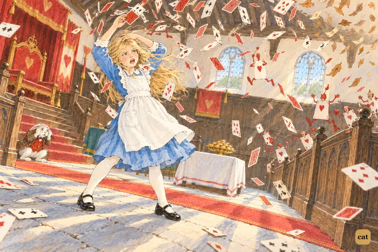 The whole pack of cards rises and whirls down on Alice like a gust of autumn leaves.
