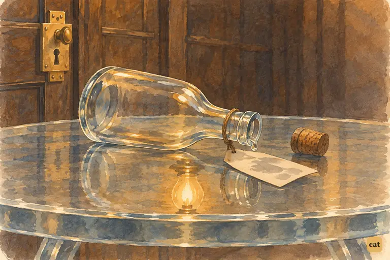 The little bottle lies drained on the glass table.