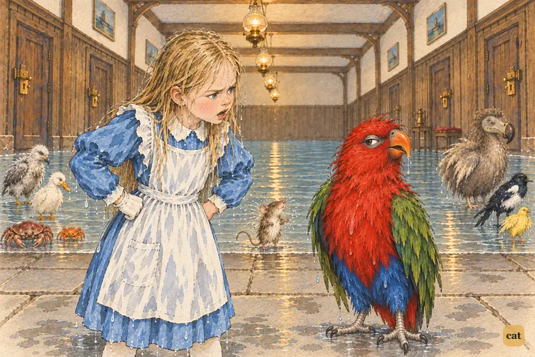 Dripping wet, Alice stands hands on hips, demanding to know the Lory's age