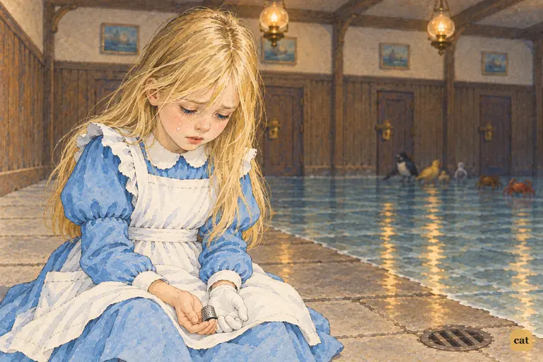Alice sits alone on the cold stone flags with the thimble in her lap