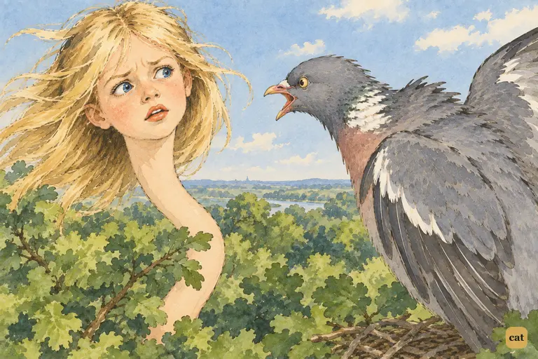Seen from behind the scornful Pigeon, Alice looks down at the bird, unsure of herself