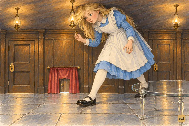 Over nine feet tall, Alice presses her head against the ceiling of the long hall