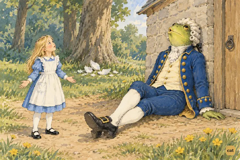 The Frog-Footman leans back against the Duchess's little stone house and whistles at the sky.