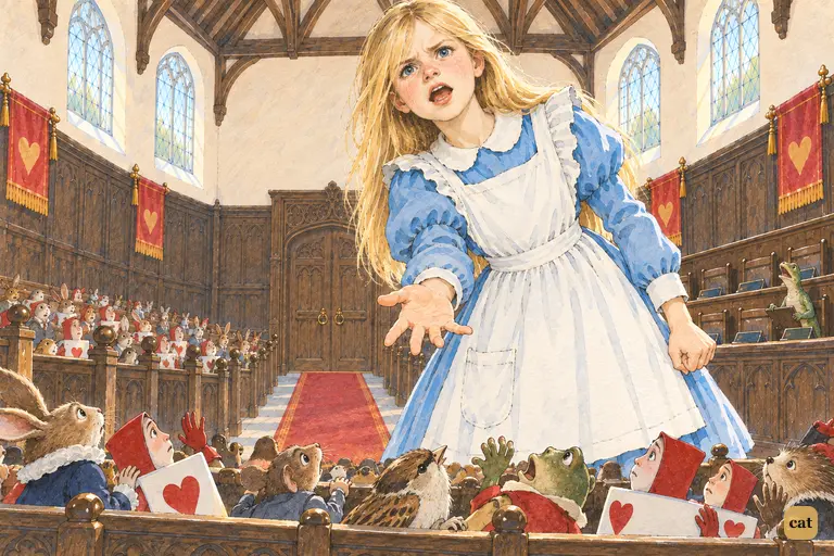 Grown huge, Alice leans over the packed benches and flings out an open hand toward the throne.