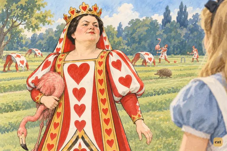 Taking Alice's words as a compliment, the Queen of Hearts sweeps past with a smug smile