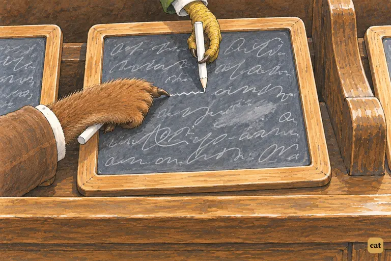 In the jury-box, a bird-juror's claw hovers over a scribbled slate as a paw taps it