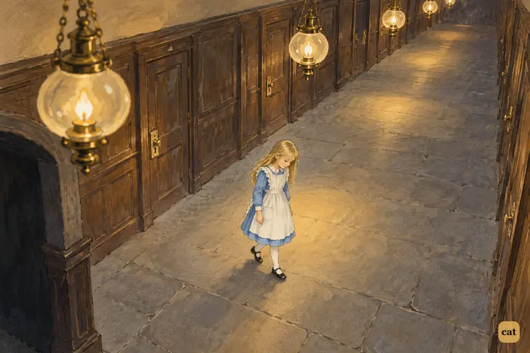 Seen from high above, Alice walks slowly down the middle of the long, lamp-lit hall.