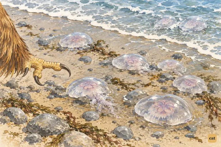 The Gryphon's talon points across a stretch of wet shingle dotted with glassy jelly-fish.