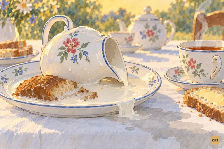 Alice moves one place on and finds her plate flooded with milk the March Hare spilled