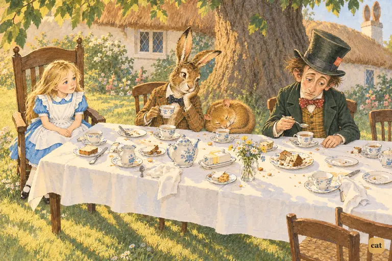 The Hatter tells how it has always been six o'clock since his quarrel with Time
