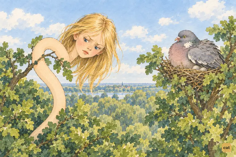 The Pigeon sulks back down onto her eggs in the highest tree.