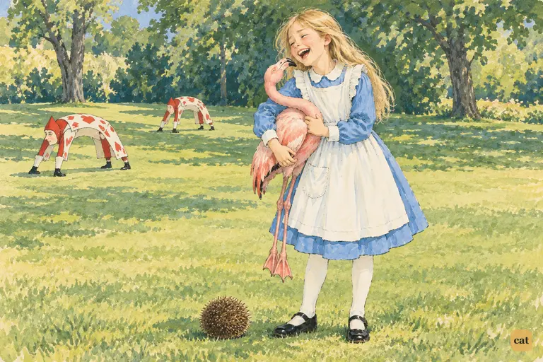Alice laughs as her croquet flamingo twists its neck round and stares up at her
