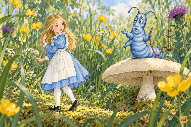 Walking away from the rude Caterpillar, Alice stops mid-step when he calls her back