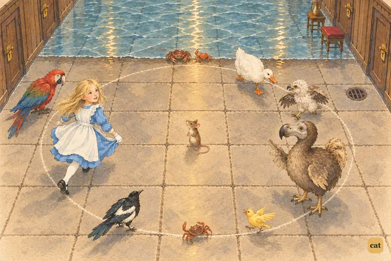 From above, creatures run, stop and double back in the lopsided Caucus-race circle