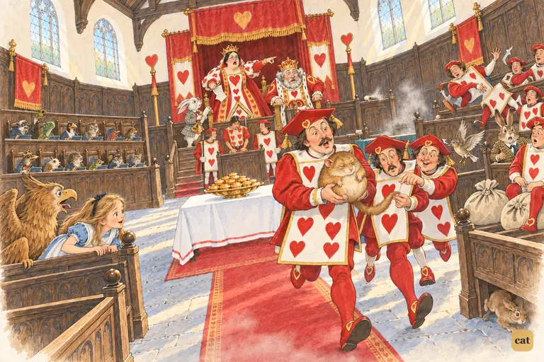 As the Queen shrieks, card-officers hurry the sleeping Dormouse out of court