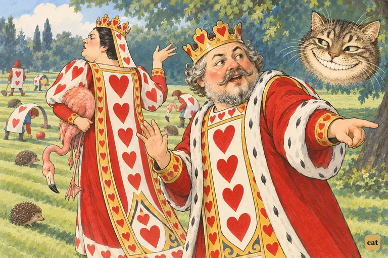 The King turns and asks his wife to have the grinning Cheshire Cat removed.