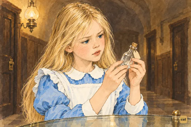 Alice turns the DRINK ME bottle round, checking every side for the word poison