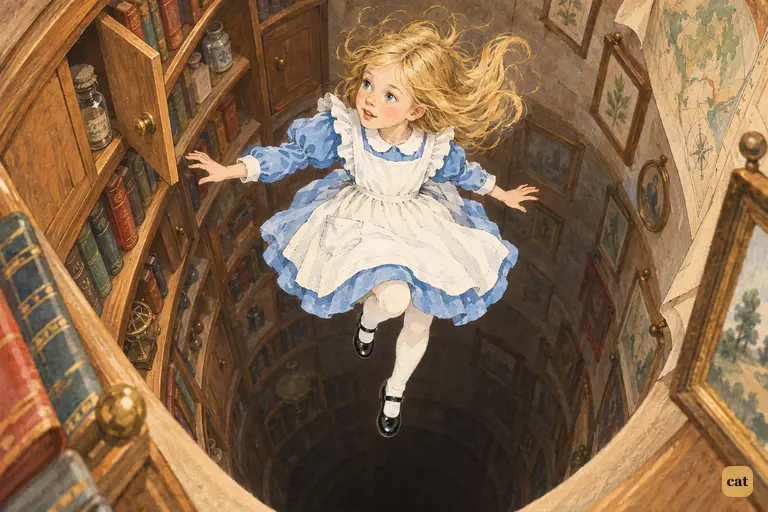 Alice drifts down a deep well lined with cupboards, book-shelves, maps and pictures