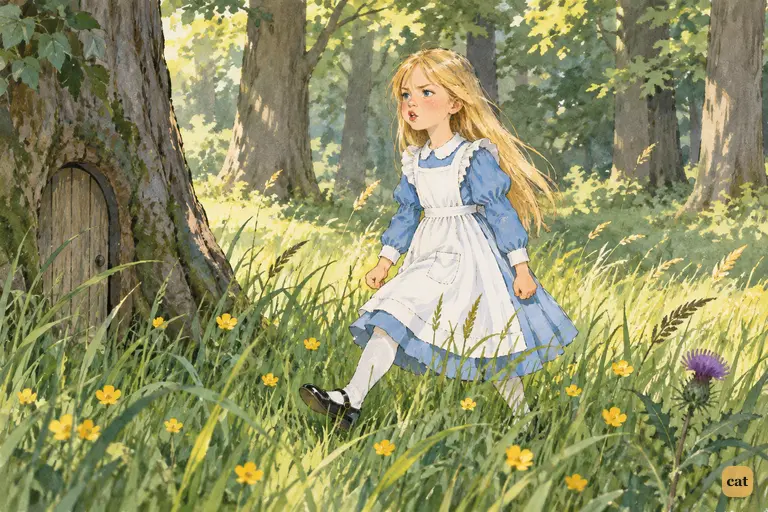 Alice walks off from the mad tea-party and marches crossly through the long grass of the green wood.