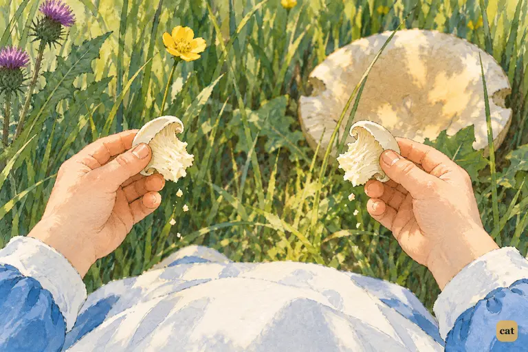 Alice holds up two identical bits of mushroom, wondering which makes her grow or shrink