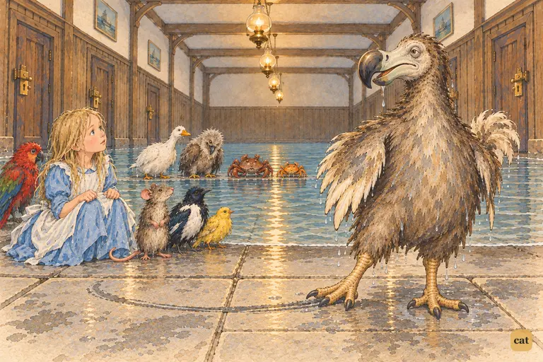 The dripping Dodo scratches the first curve of the Caucus-race on the stone floor