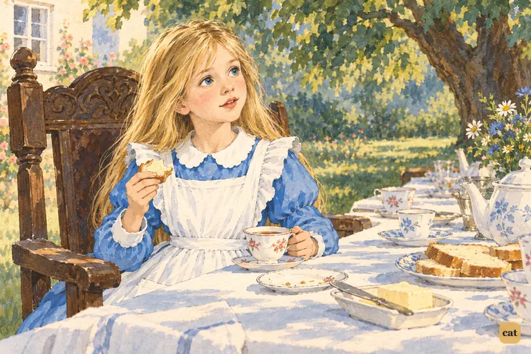 Alice helps herself to tea and bread-and-butter, then turns to ask the Dormouse again