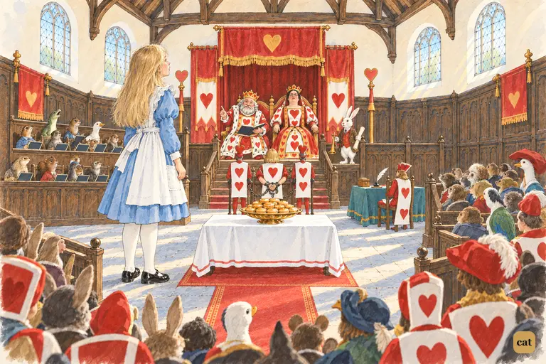 Giant Alice towers over the court and tells the small King she knows nothing whatever