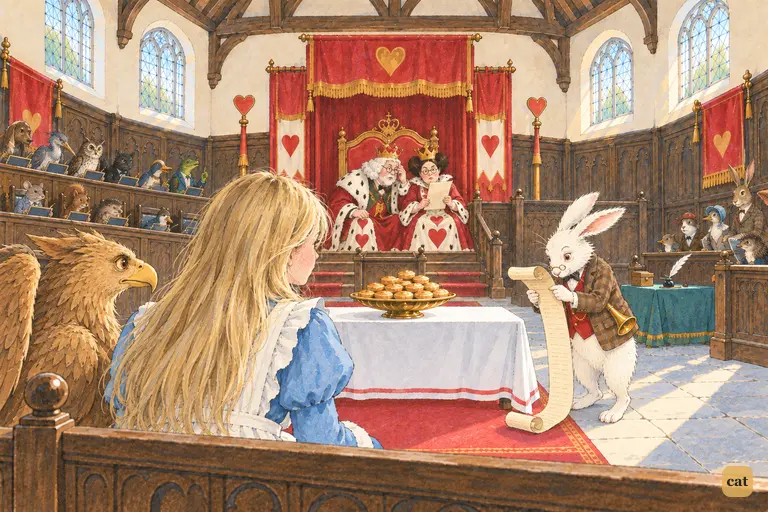 Large Alice watches over the tarts as the White Rabbit fumbles with the witness list