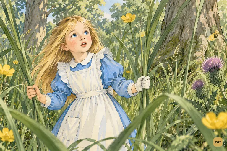 Among giant grass stalks, tiny Alice jerks her head up in fright at a sharp bark above
