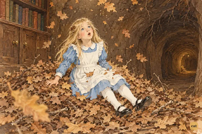 Alice lands unhurt on a soft heap of sticks and dry leaves at the bottom of the deep well.