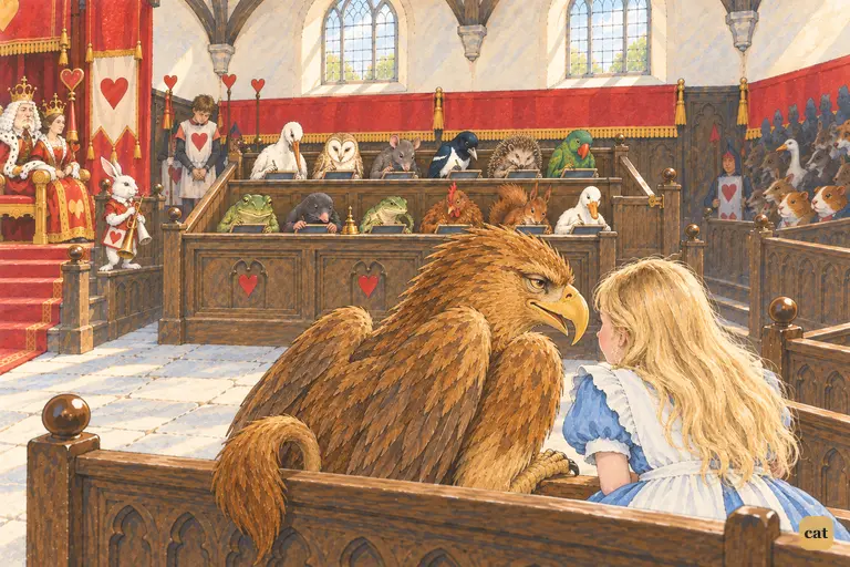 On the spectators' bench, the Gryphon leans close to Alice's ear.