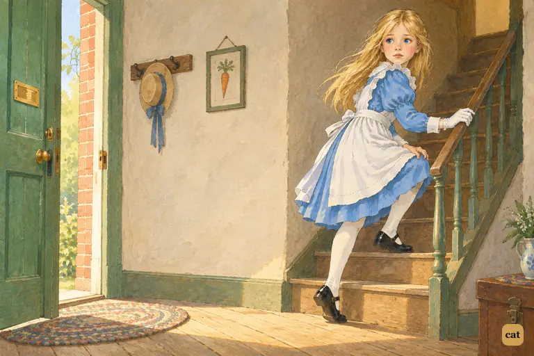 Alice slips into the White Rabbit's house without knocking and hurries up the narrow stairs.