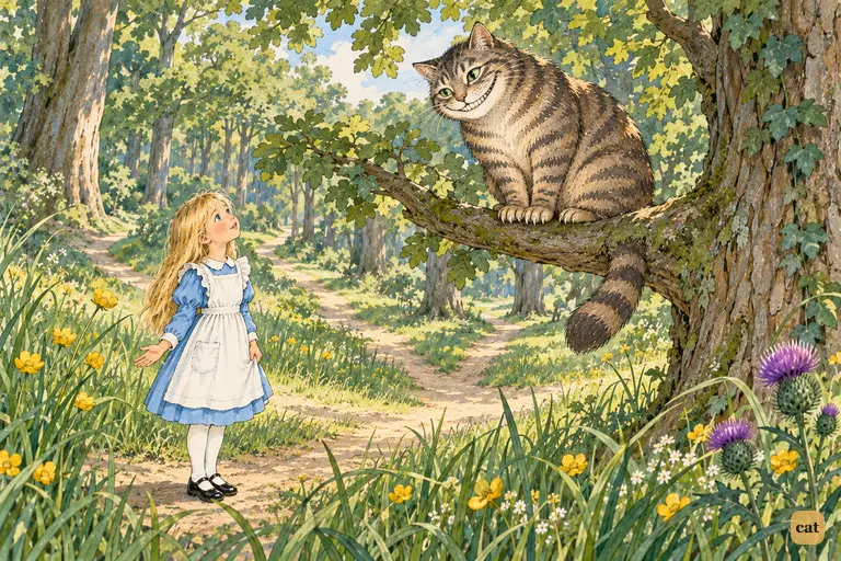 Tiny Alice stands where paths meet and looks up at the Cheshire Cat on his low bough