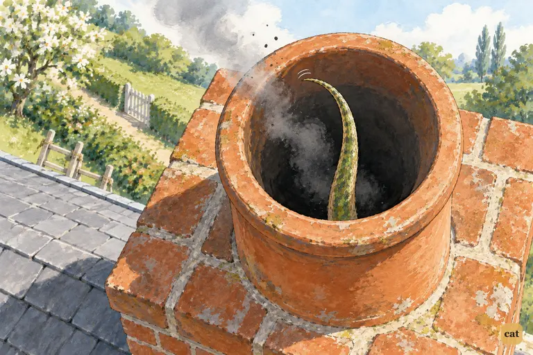 Only the tip of Bill's green tail sticks out of the chimney pot on the Rabbit's roof