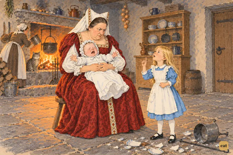 Nine-inch Alice, among broken china, lectures the sour Duchess on the earth's axis