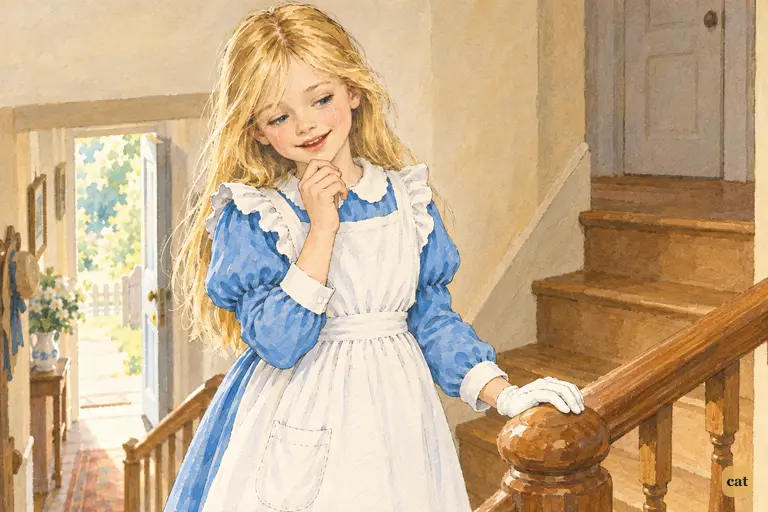 Alice stops on the landing of the White Rabbit's narrow staircase and smiles at herself.