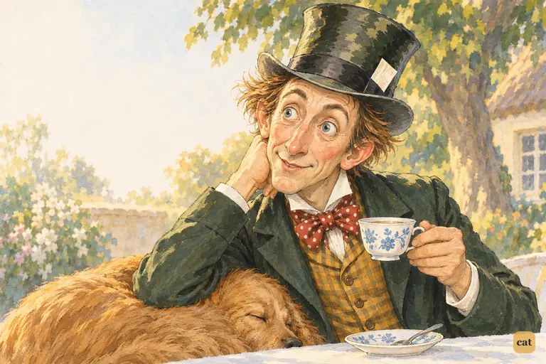 The Hatter leans on the sleeping Dormouse with his teacup halfway to his lips.
