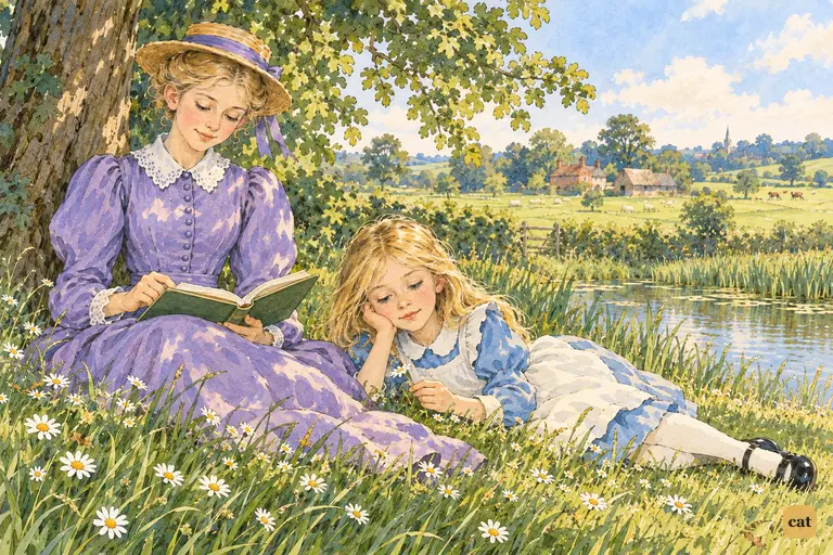 Alice lies in the long grass by her reading sister, twirling a daisy